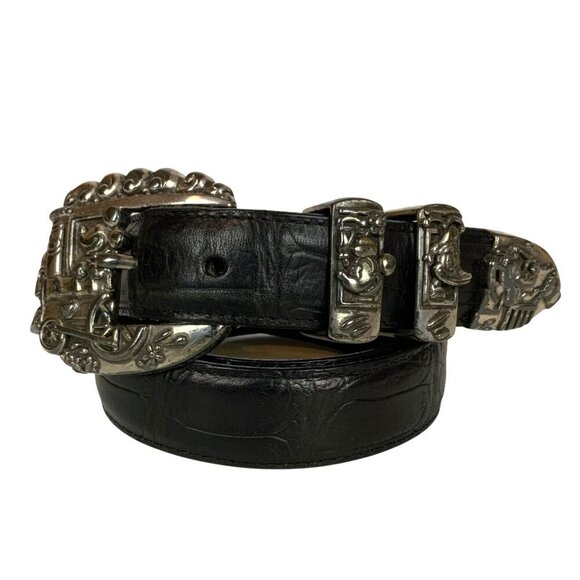 Vintage Brighton for Disney Black Textured Leather Belt Character Buckle Size 32 - Picture 1 of 3